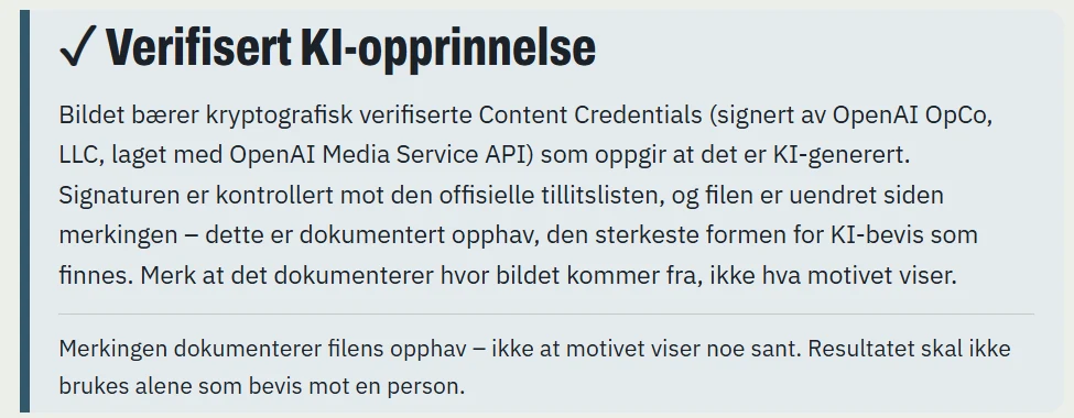 Bildesjekk-resultat for det genererte annonsebildet: Verifisert KI-opprinnelse med Content Credentials fra OpenAI