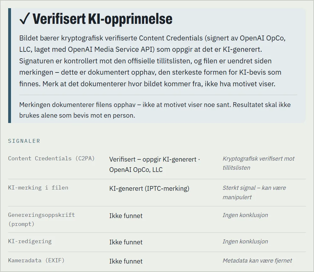 Bildesjekk-resultat: Verifisert KI-opprinnelse, Content Credentials signert av OpenAI, kontrollert mot tillitslisten