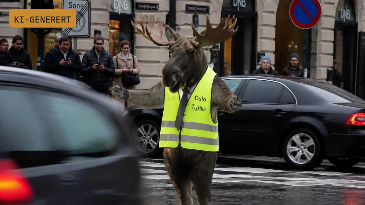 KI-generert pressebilde-lignende foto av elg i refleksvest som dirigerer trafikk i Oslo, merket KI-GENERERT