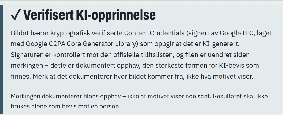 Bildesjekk-resultat for et Gemini-generert testbilde: Verifisert KI-opprinnelse, Content Credentials signert av Google LLC