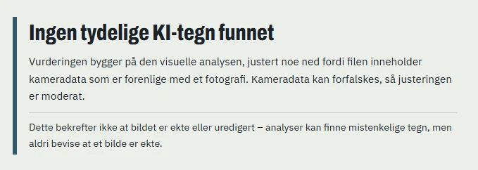 Bildesjekk-resultat for et ekte mobilbilde: Ingen tydelige KI-tegn funnet, med forbehold om at dette ikke bekrefter at bildet er ekte