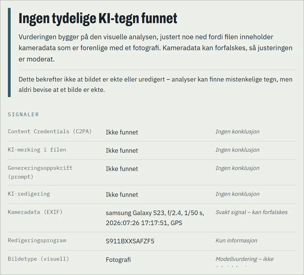 Bildesjekk-resultat: Ingen tydelige KI-tegn funnet, med forbehold om at dette ikke beviser at bildet er ekte