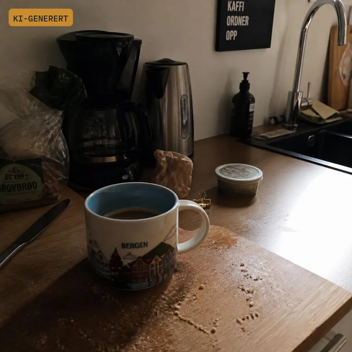 KI-generert bilde av kjøkkenbenk med kaffekopp og brødsmuler, merket KI-GENERERT