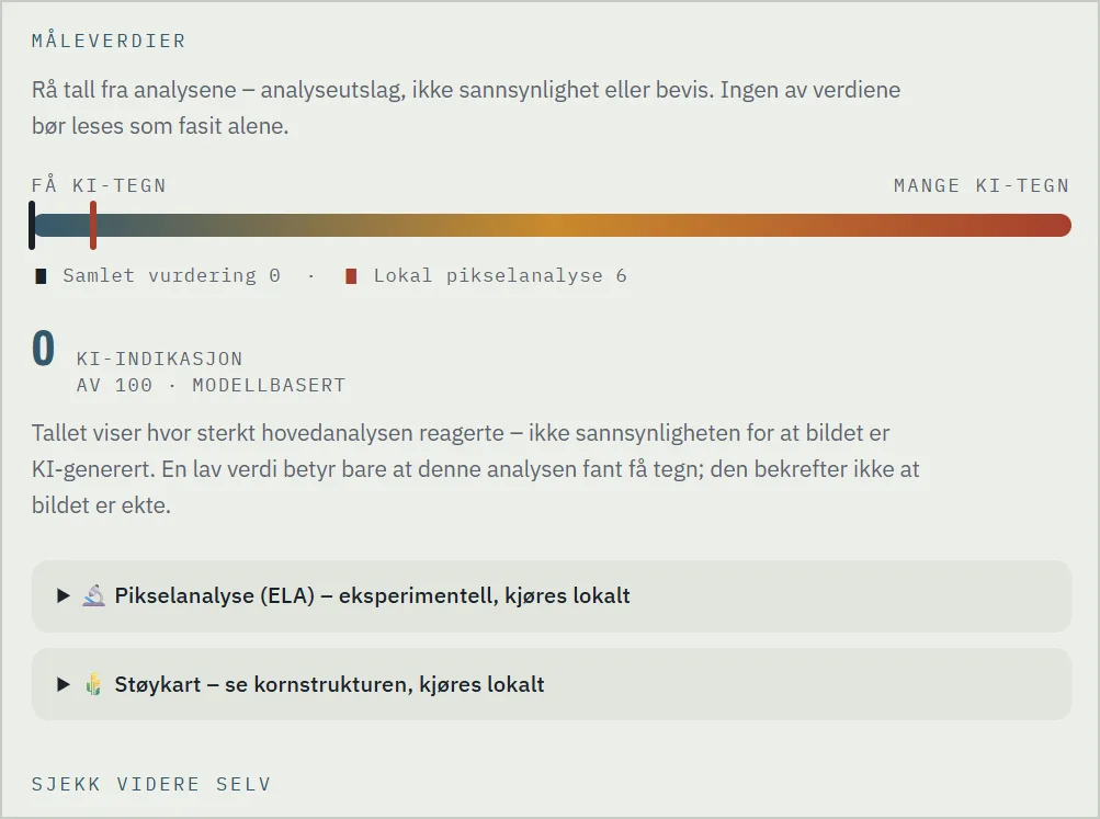 Måleverdier i Bildesjekk med to nåler på samme skala: samlet vurdering 0 og lokal pikselanalyse 6
