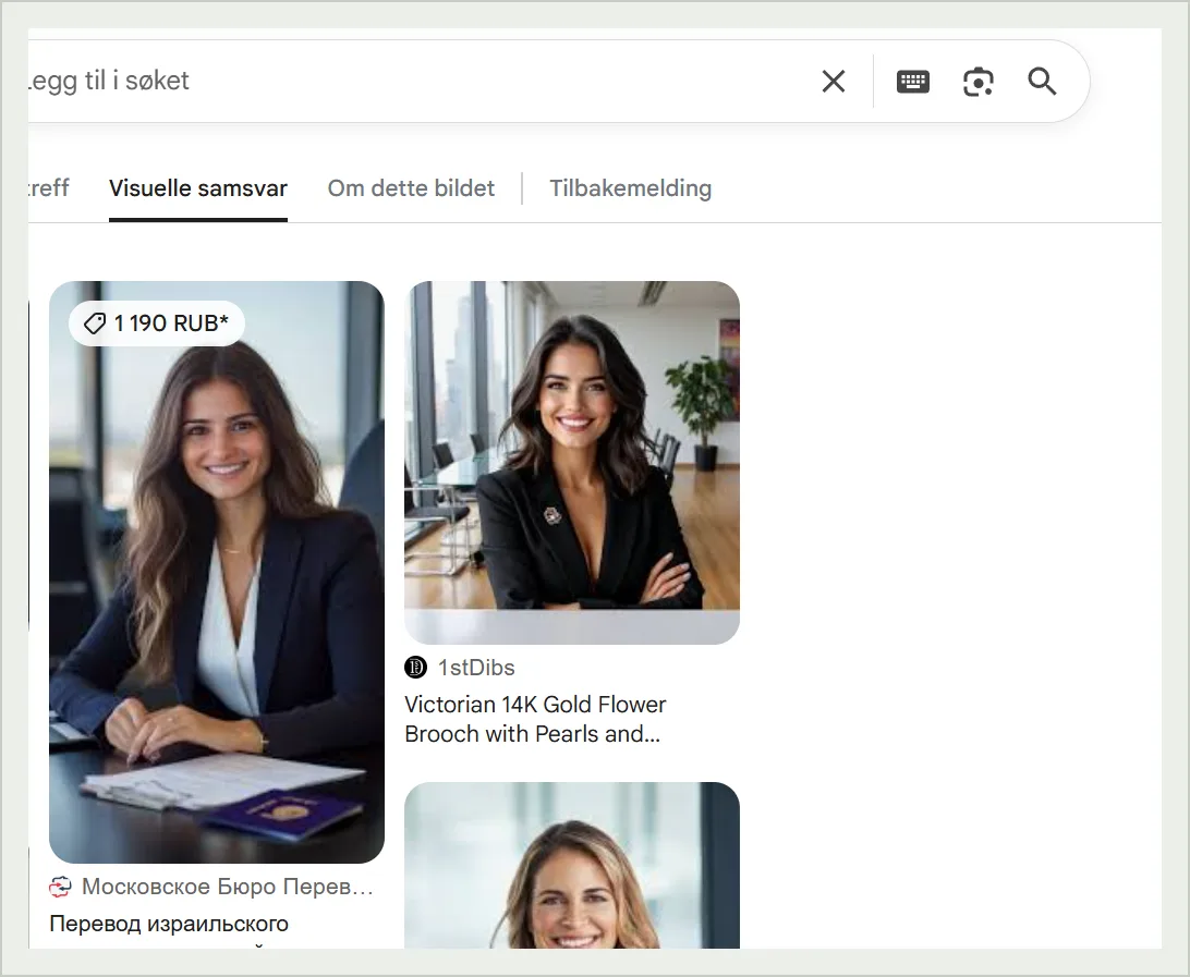Google Lens-resultat for KI-generert portrett: treff hos KI-portrettgenerator
