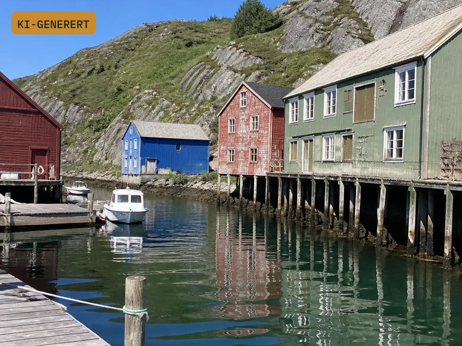 KI-generert bilde av lignende norsk fiskehavn med sjøboder, merket KI-GENERERT