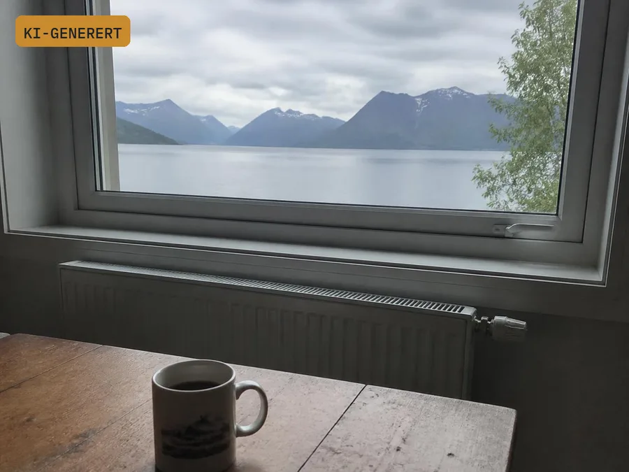 KI-generert bilde av kaffekopp på trebord foran vindu med fjordutsikt, merket KI-GENERERT