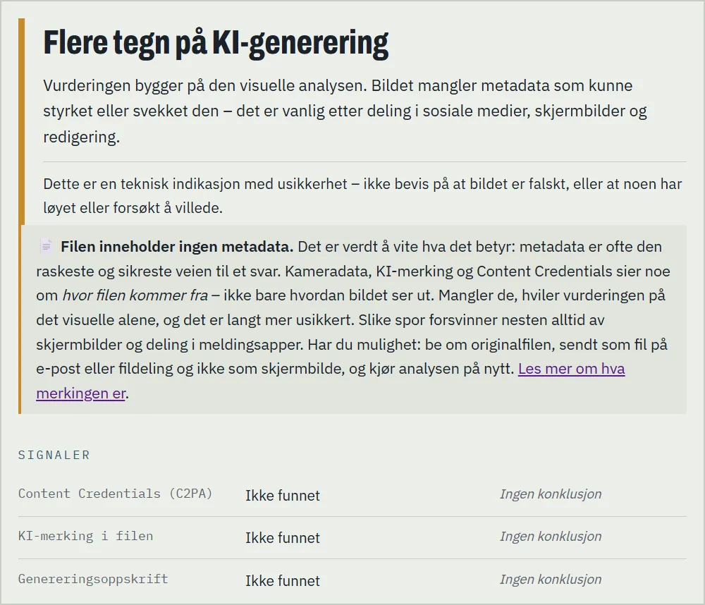 Analyseresultat av skjermbilde: alle metadata-signaler viser Ikke funnet