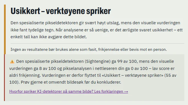 Bildesjekk-resultat: Usikkert – verktøyene spriker, med varsel om at Sightengine ga 99 av 100 mens visuell vurdering ga 8 og lokal pikselanalyse 0