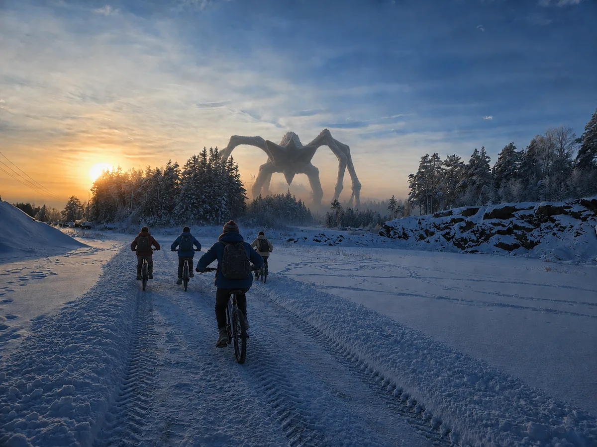 KI-generert bilde av en gigantisk edderkopplignende skikkelse over den snødekte veien