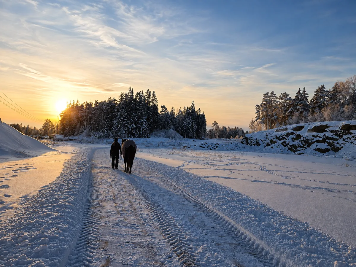 KI-generert vinterlandskap med person og hest på snødekt vei i solnedgang