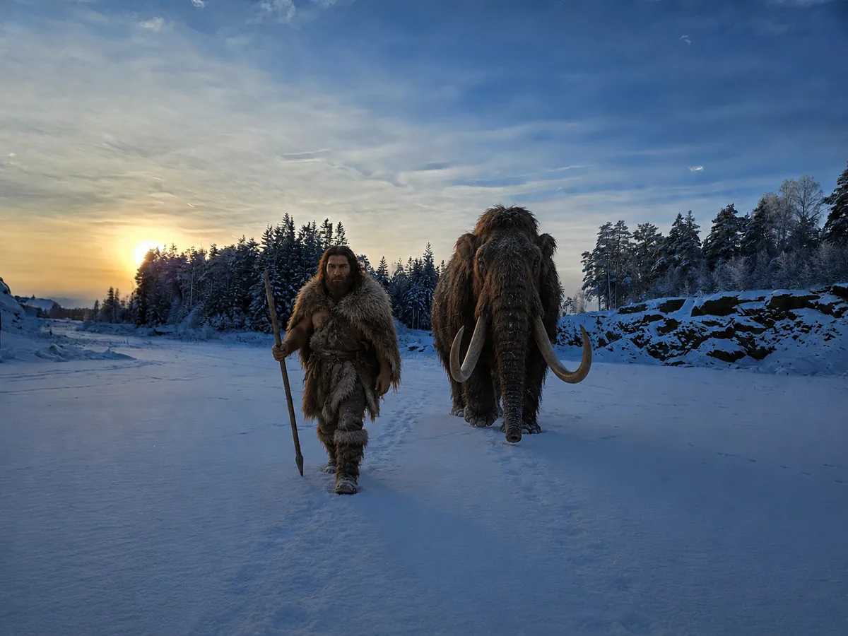 KI-generert bilde av en mammut og en person i istidsklær på den samme snødekte veien