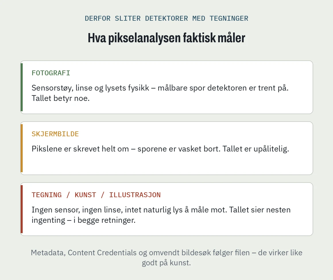 Diagram: pikselanalysen måler kameraspor – pålitelig på fotografi, upålitelig på skjermbilde, nesten uten verdi på tegninger