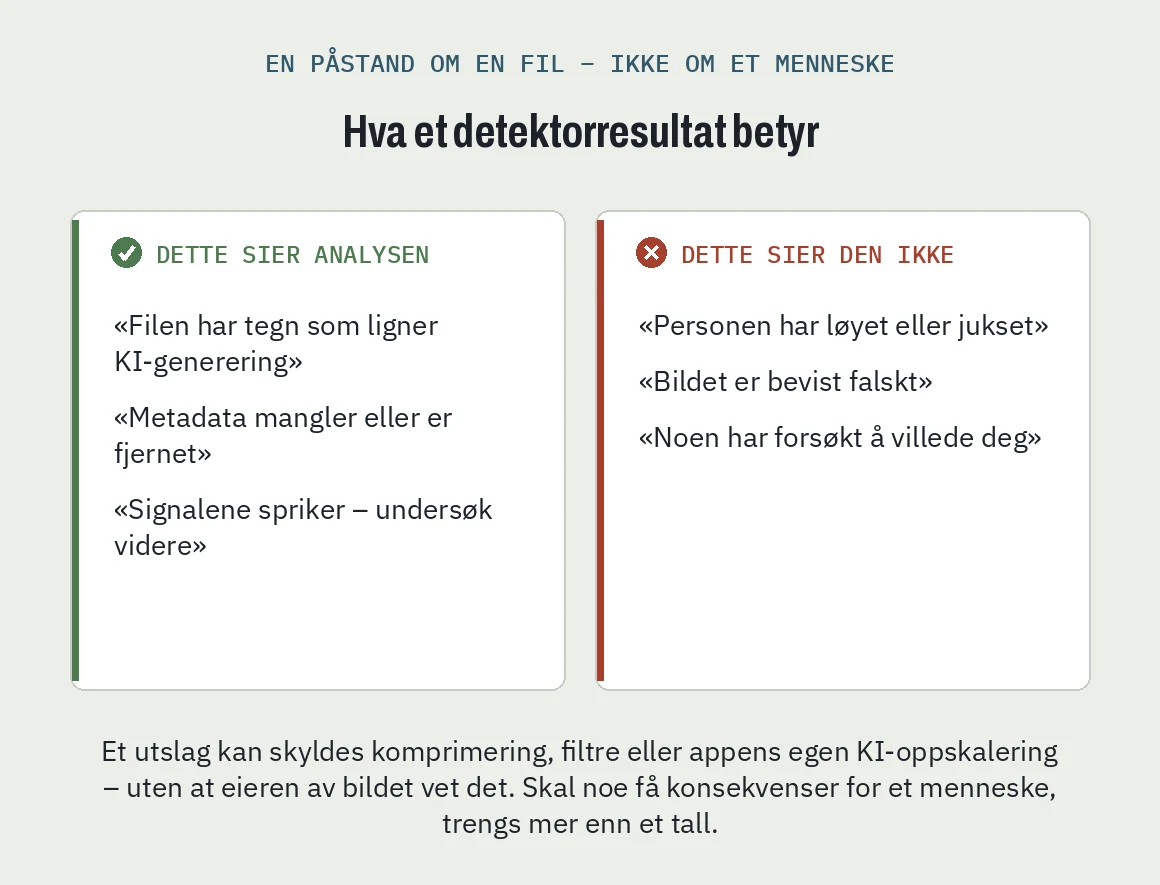 Diagram: hva et detektorresultat sier om en bildefil, og hva det ikke sier om et menneske