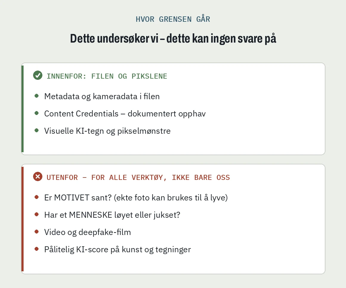 Diagram: Bildesjekk undersøker filen og pikslene – motivets sannhet, menneskers hensikter, video og kunst-score ligger utenfor